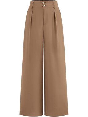 Women's Wide Leg Dress Pants Khaki High Waisted Button Pleated Trousers Palazzo